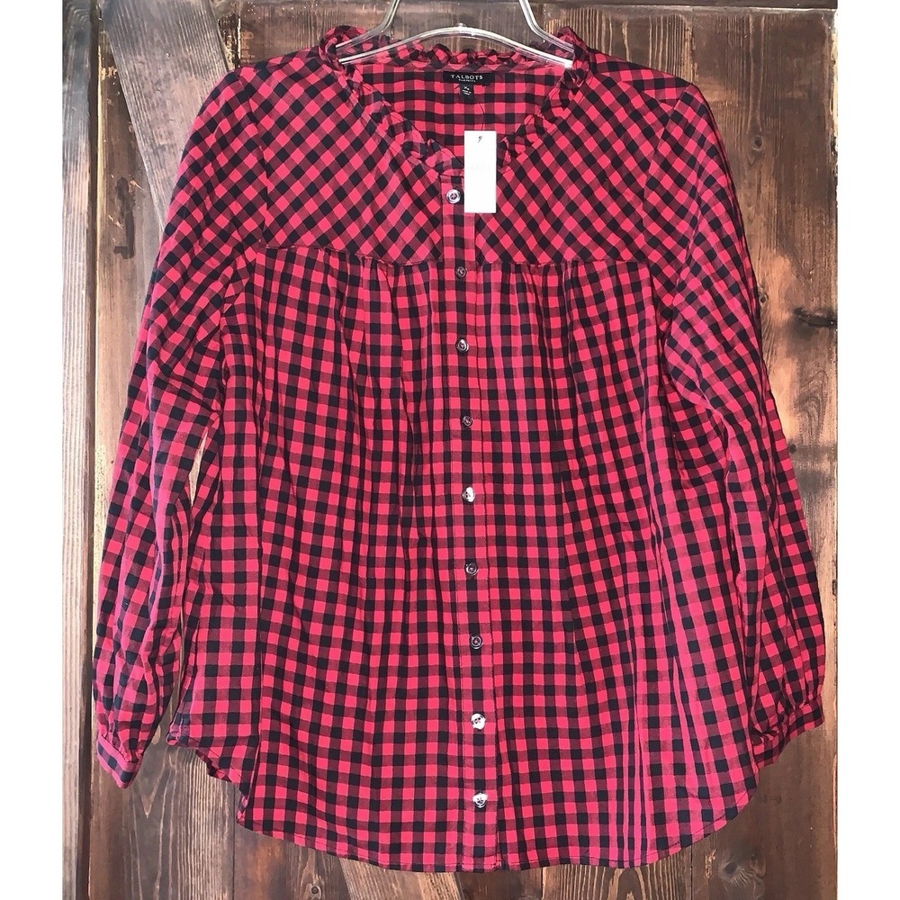 NWT Talbots Womens‎ Button Down Shirt Long Sleeve Red Checked Print Cotton Sz XP